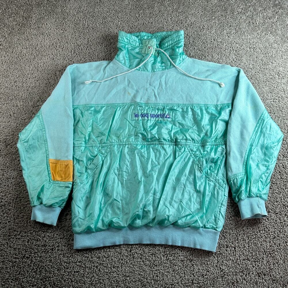 VINTAGE Le Coq Sportif Jacket Womens Large Green Cotton Blend Pullover 90s *